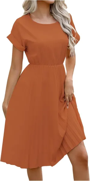 Borniu Women's Summer Short Sleeve Mini Dress 2025 Crewneck Solid Color Cute A Line Pleated Swing Casual Basic Short Dresses