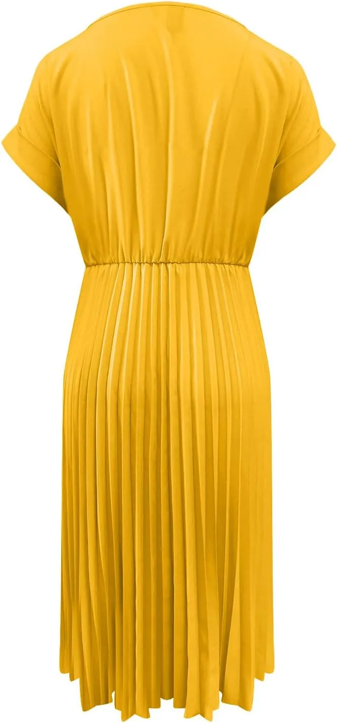 Borniu Women's Summer Short Sleeve Mini Dress 2025 Crewneck Solid Color Cute A Line Pleated Swing Casual Basic Short Dresses