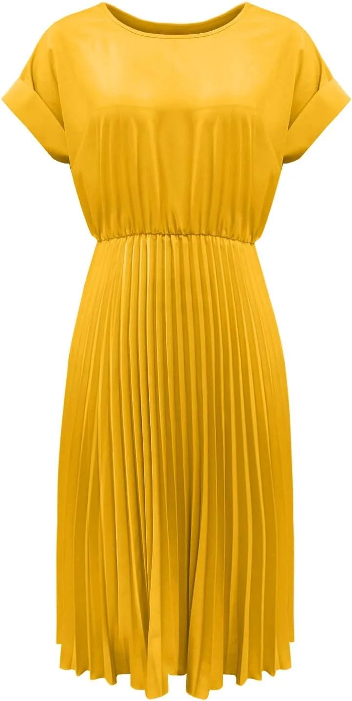 Borniu Women's Summer Short Sleeve Mini Dress 2025 Crewneck Solid Color Cute A Line Pleated Swing Casual Basic Short Dresses