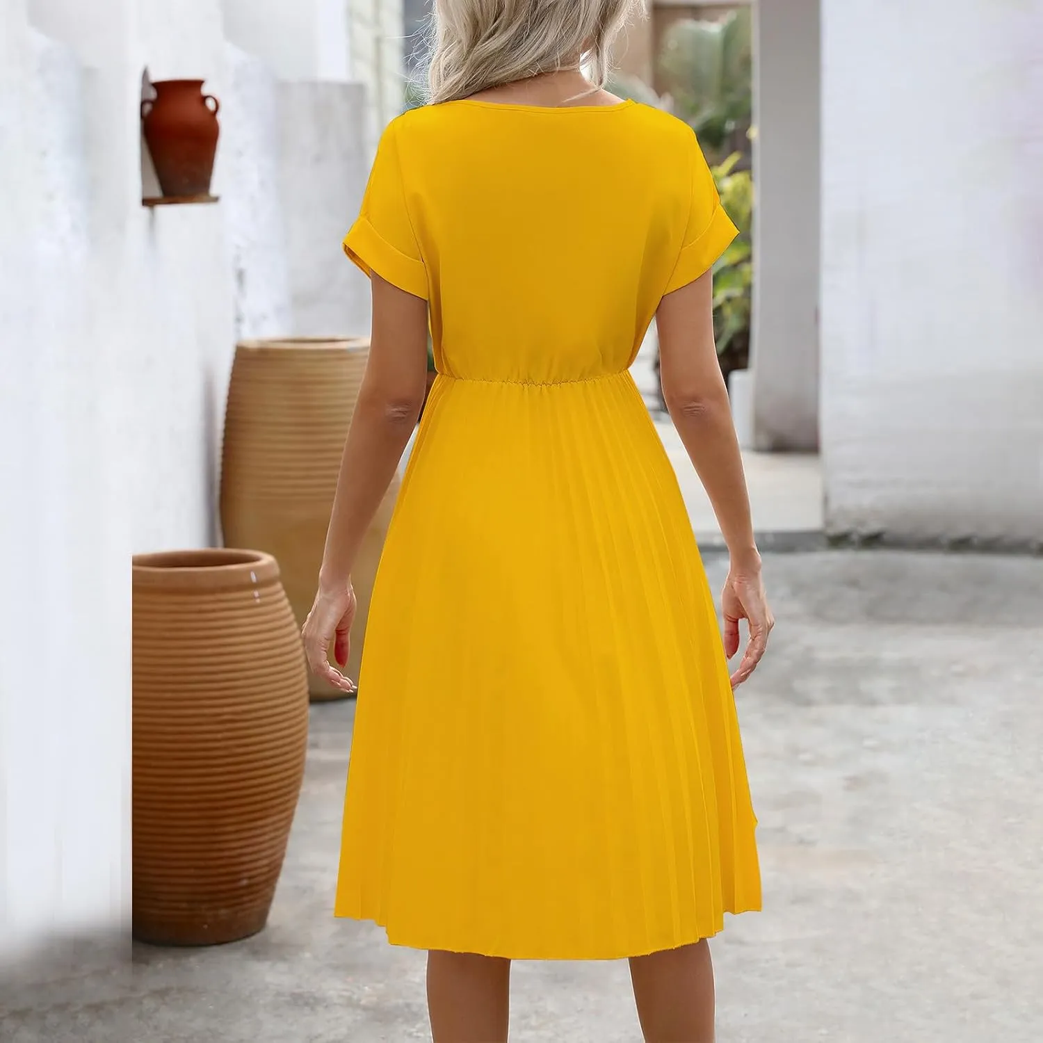 Borniu Women's Summer Short Sleeve Mini Dress 2025 Crewneck Solid Color Cute A Line Pleated Swing Casual Basic Short Dresses