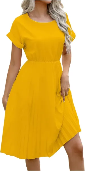Borniu Women's Summer Short Sleeve Mini Dress 2025 Crewneck Solid Color Cute A Line Pleated Swing Casual Basic Short Dresses