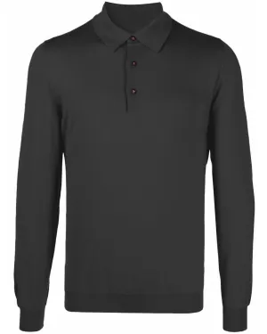 Charcoal Wool Fine Knit Long Sleeve Polo