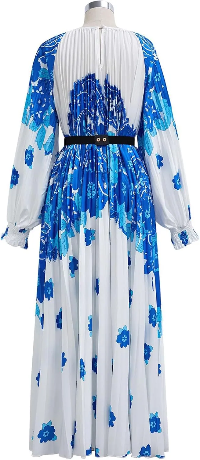 CHICWISH Women Pleated Long Sleeve Maxi Dress Watercolor Floral Print Crewneck Casual Flowy Summer Long Dresses with Belt
