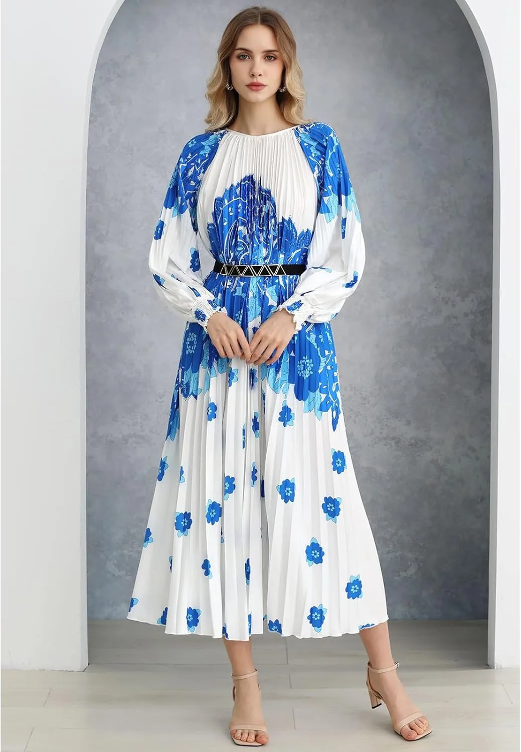 CHICWISH Women Pleated Long Sleeve Maxi Dress Watercolor Floral Print Crewneck Casual Flowy Summer Long Dresses with Belt