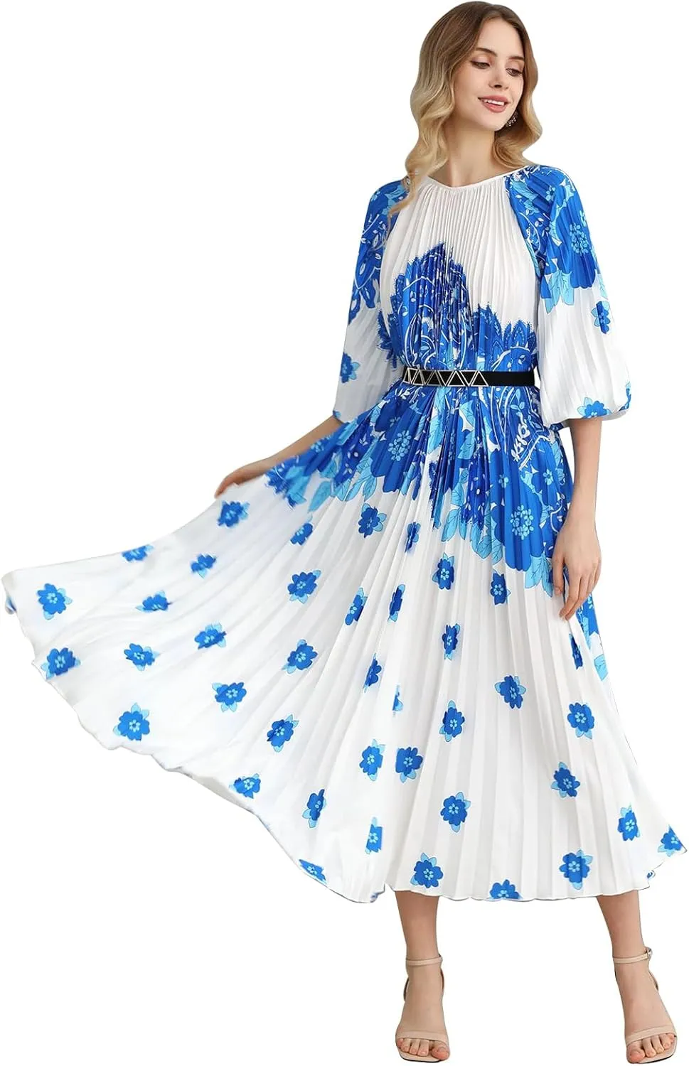 CHICWISH Women Pleated Long Sleeve Maxi Dress Watercolor Floral Print Crewneck Casual Flowy Summer Long Dresses with Belt