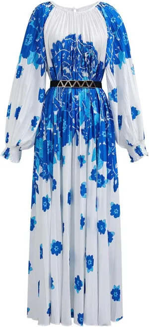 CHICWISH Women Pleated Long Sleeve Maxi Dress Watercolor Floral Print Crewneck Casual Flowy Summer Long Dresses with Belt