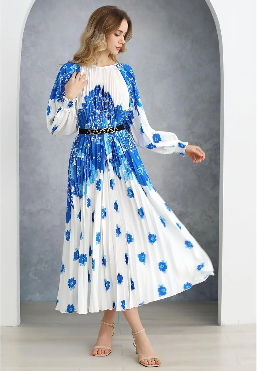 CHICWISH Women Pleated Long Sleeve Maxi Dress Watercolor Floral Print Crewneck Casual Flowy Summer Long Dresses with Belt