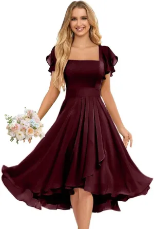 Chiffon Bridesmaid Dresses Short for Wedding with Ruffles Sleeve Square Neck Formal Party Dresses for Women GA115