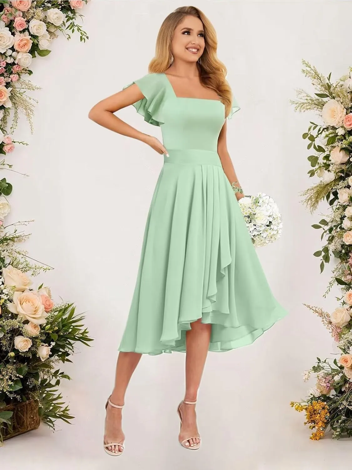 Chiffon Bridesmaid Dresses Short for Wedding with Ruffles Sleeve Square Neck Formal Party Dresses for Women GA115