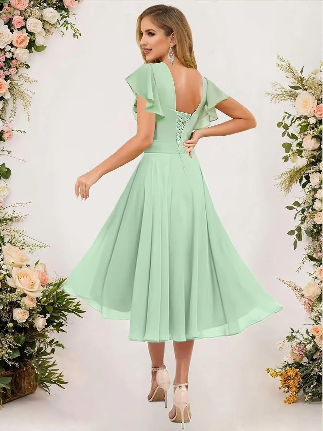 Chiffon Bridesmaid Dresses Short for Wedding with Ruffles Sleeve Square Neck Formal Party Dresses for Women GA115