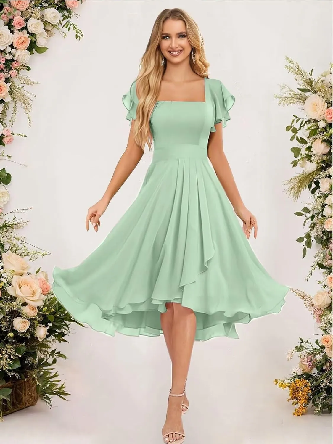 Chiffon Bridesmaid Dresses Short for Wedding with Ruffles Sleeve Square Neck Formal Party Dresses for Women GA115