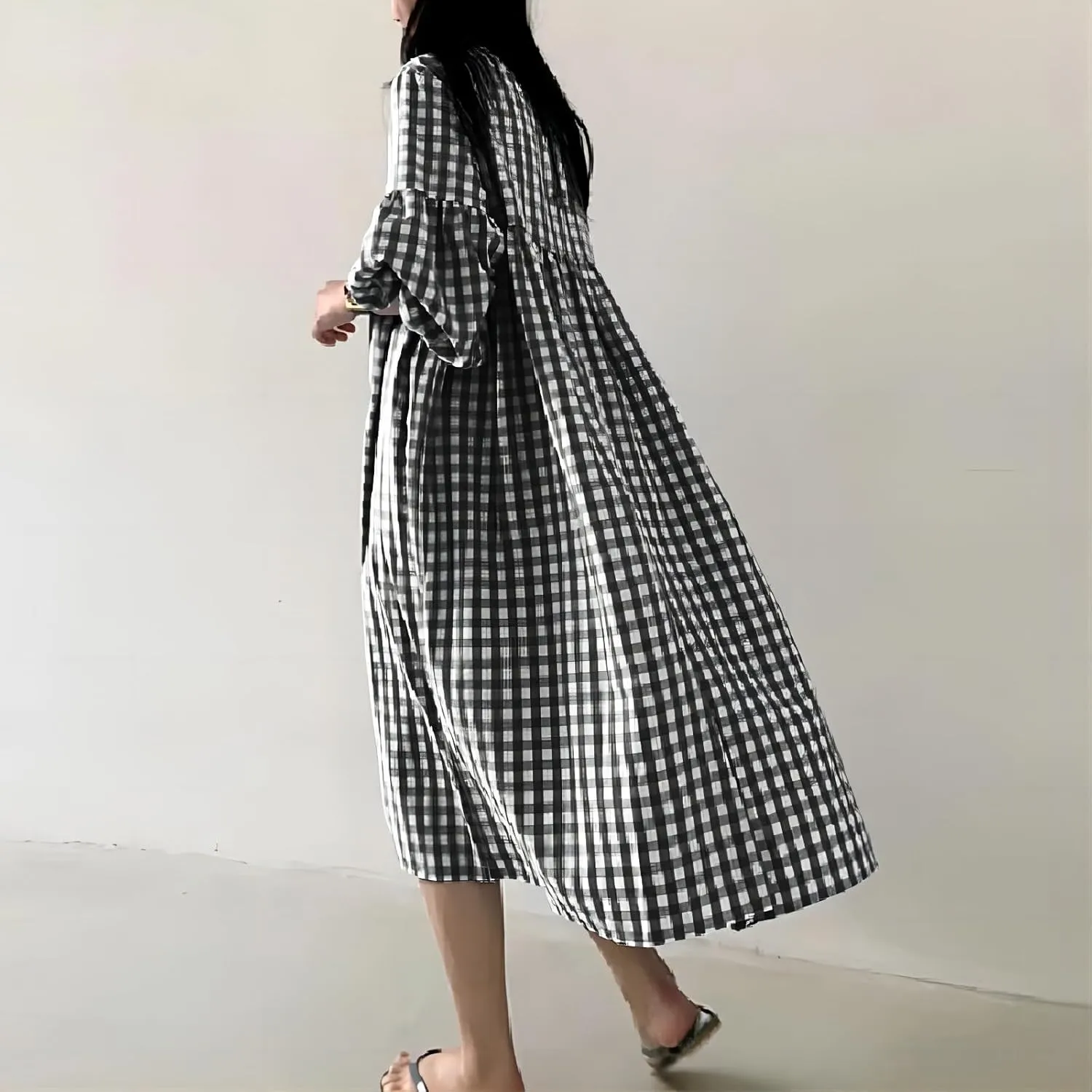 chouyatou Women's Loose Fit Retro Plaid Dress Lantern Puff Sleeve Gingham Swing Midi Long Tunic Shift Dress