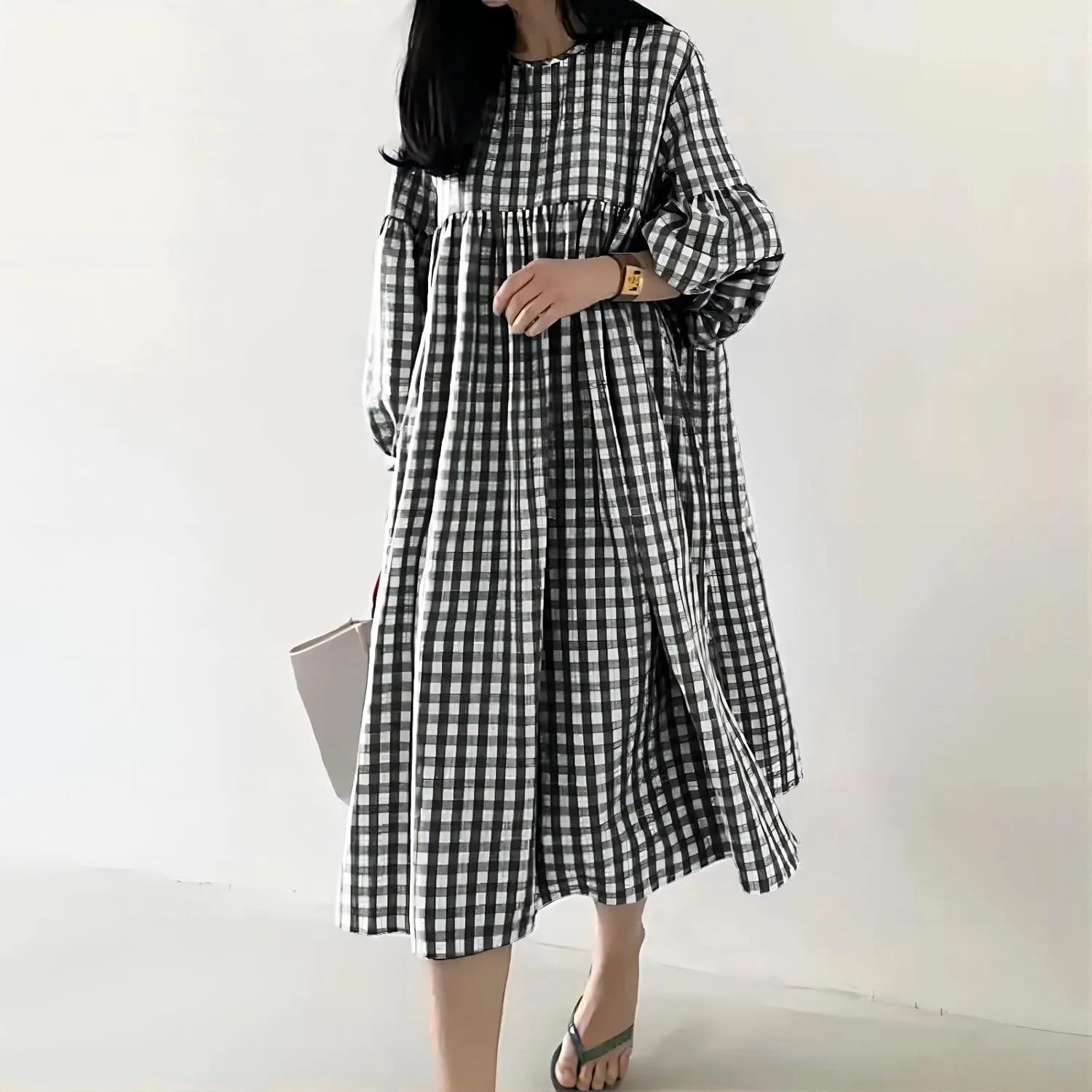chouyatou Women's Loose Fit Retro Plaid Dress Lantern Puff Sleeve Gingham Swing Midi Long Tunic Shift Dress