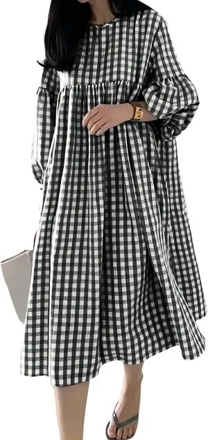 chouyatou Women's Loose Fit Retro Plaid Dress Lantern Puff Sleeve Gingham Swing Midi Long Tunic Shift Dress