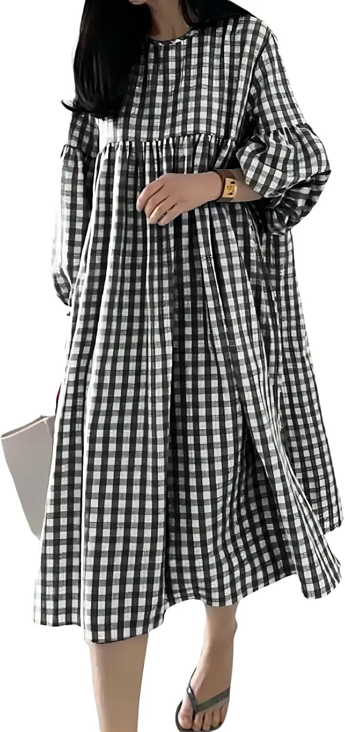 chouyatou Women's Loose Fit Retro Plaid Dress Lantern Puff Sleeve Gingham Swing Midi Long Tunic Shift Dress