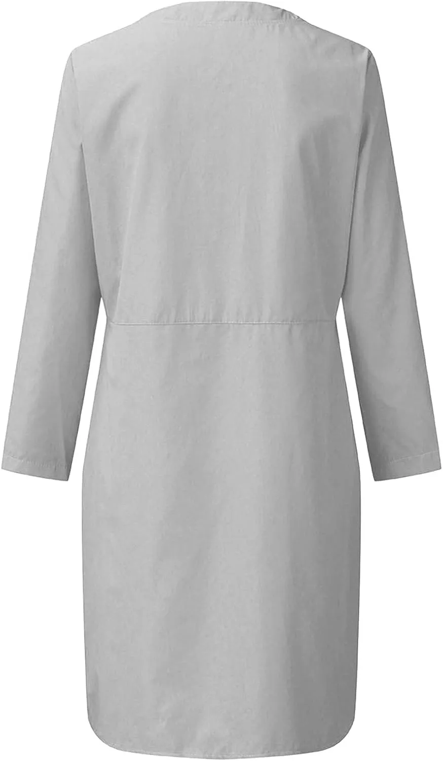 Cotton Linen Dress for Women Casual Button Up Long Sleeve Midi Dresses Work Vacation Plus Size Pockets Dress M-5XL