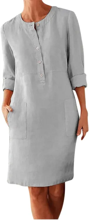 Cotton Linen Dress for Women Casual Button Up Long Sleeve Midi Dresses Work Vacation Plus Size Pockets Dress M-5XL