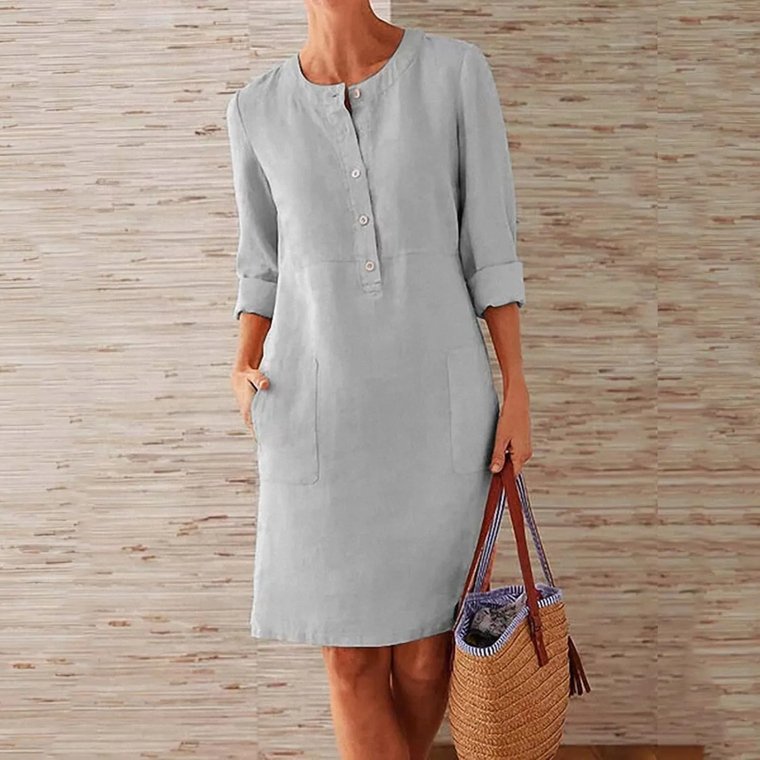 Cotton Linen Dress for Women Casual Button Up Long Sleeve Midi Dresses Work Vacation Plus Size Pockets Dress M-5XL