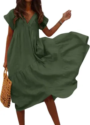 Cotton Linen Dresses for Women 2025 Summer Short Sleeve Midi Beach Dress A Line Flowy Dresses Shirt Dress with Pocket