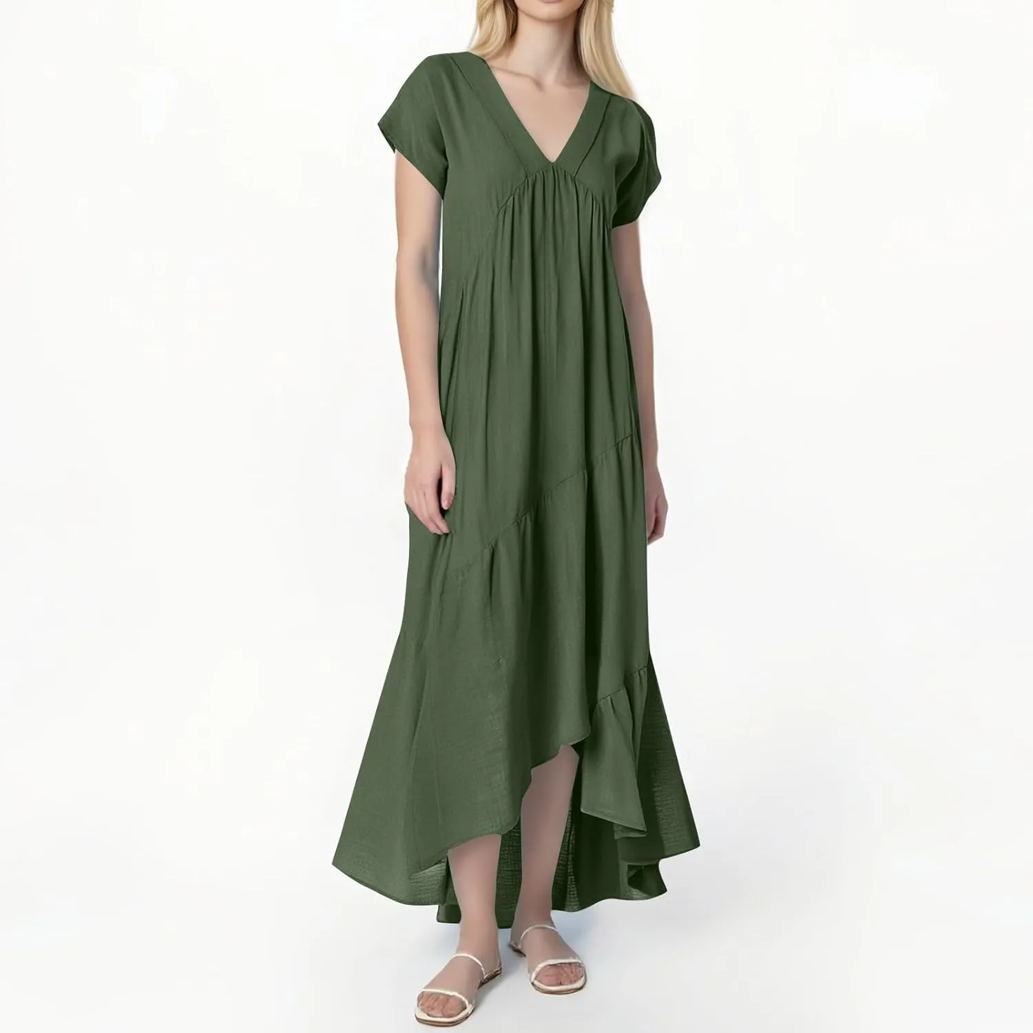 Cotton Linen Dresses for Women 2025 Summer Short Sleeve Midi Beach Dress A Line Flowy Dresses Shirt Dress with Pocket