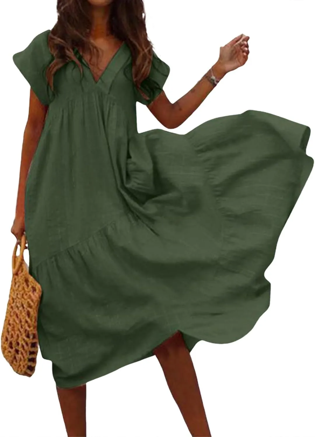 Cotton Linen Dresses for Women 2025 Summer Short Sleeve Midi Beach Dress A Line Flowy Dresses Shirt Dress with Pocket