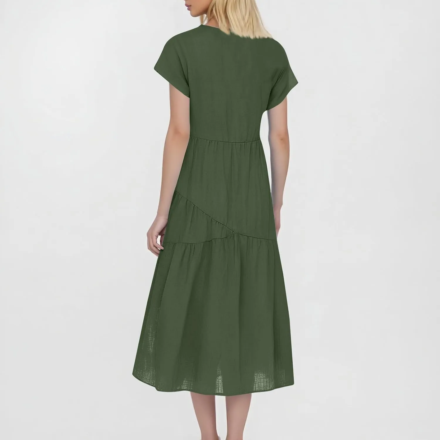 Cotton Linen Dresses for Women 2025 Summer Short Sleeve Midi Beach Dress A Line Flowy Dresses Shirt Dress with Pocket