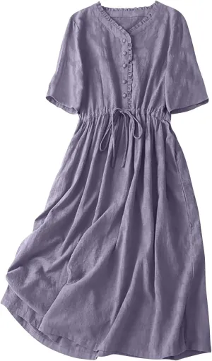Cotton Linen Dresses for Women Summer Embroidered Sleeve A Line Comfy Cotton Maxi Dress Trendy Summer Vacation Clothes