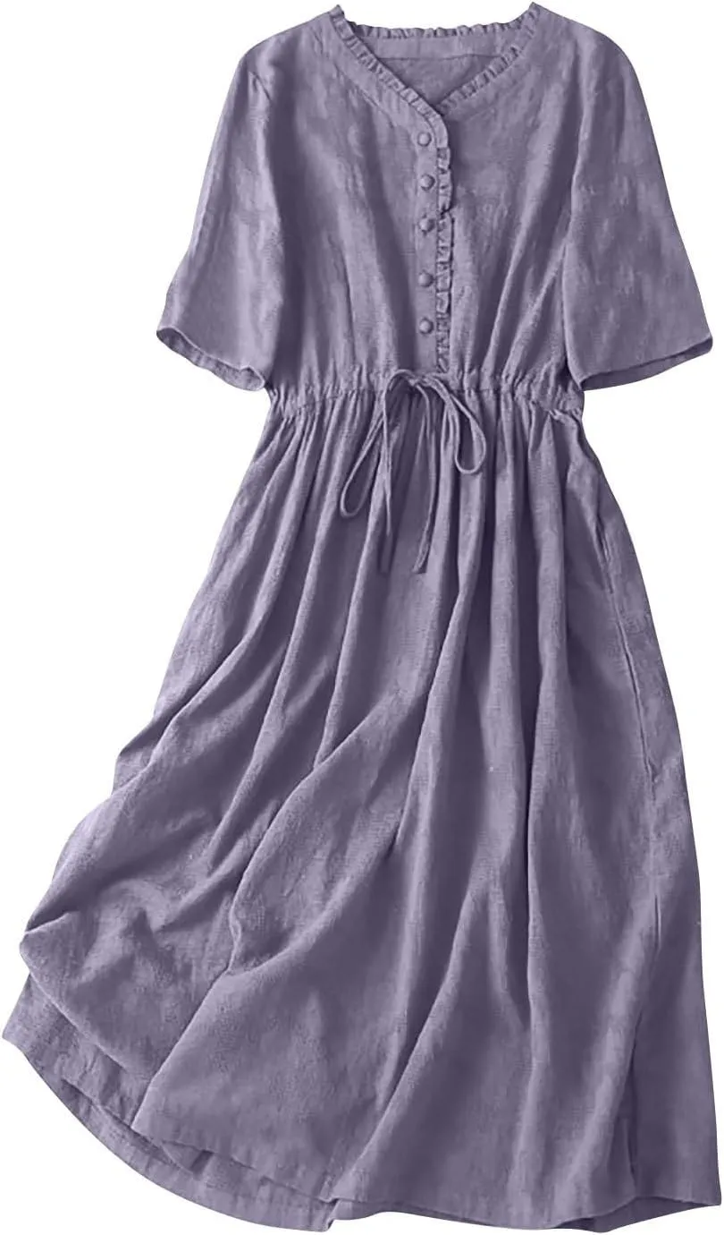 Cotton Linen Dresses for Women Summer Embroidered Sleeve A Line Comfy Cotton Maxi Dress Trendy Summer Vacation Clothes