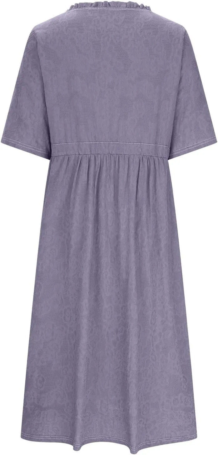 Cotton Linen Dresses for Women Summer Embroidered Sleeve A Line Comfy Cotton Maxi Dress Trendy Summer Vacation Clothes
