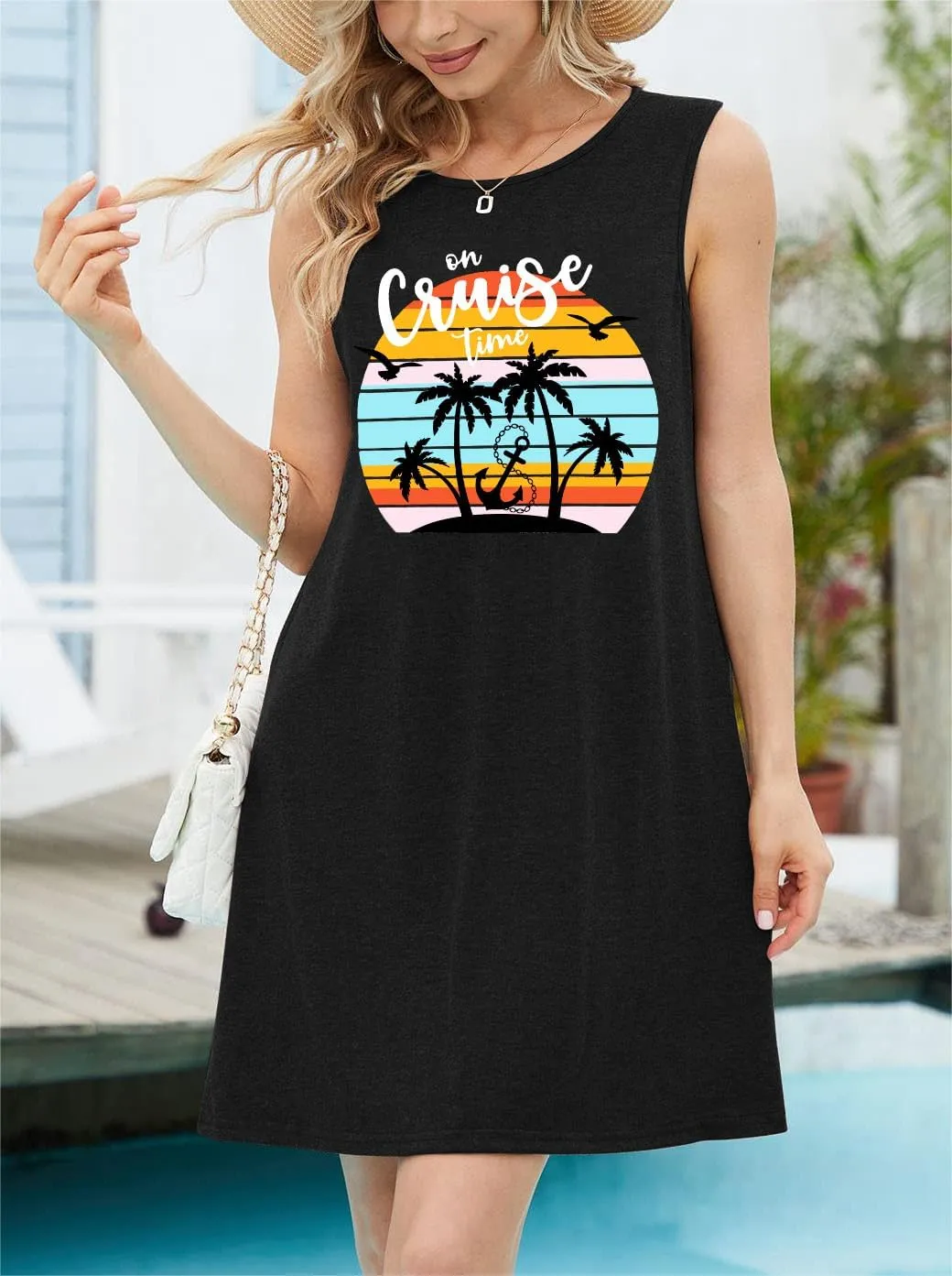 Cruise Tank Mini Dress for Women Tops Summer Graphic Sleeveless Dresses Vacation Beach Party Shirts