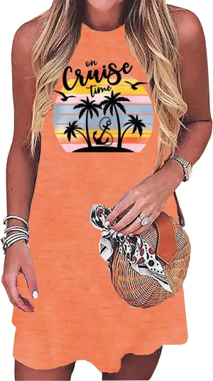 Cruise Tank Mini Dress for Women Tops Summer Graphic Sleeveless Dresses Vacation Beach Party Shirts