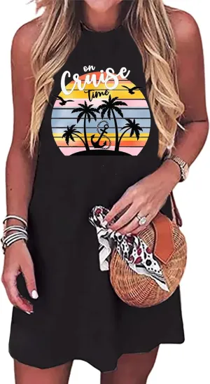 Cruise Tank Mini Dress for Women Tops Summer Graphic Sleeveless Dresses Vacation Beach Party Shirts