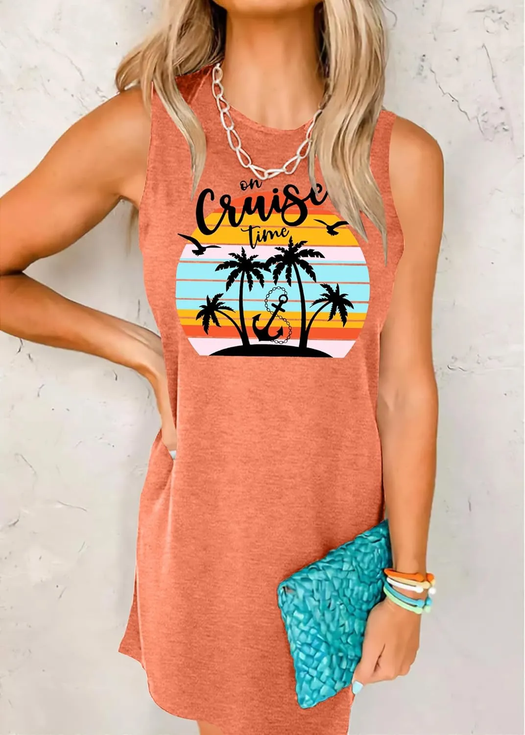 Cruise Tank Mini Dress for Women Tops Summer Graphic Sleeveless Dresses Vacation Beach Party Shirts