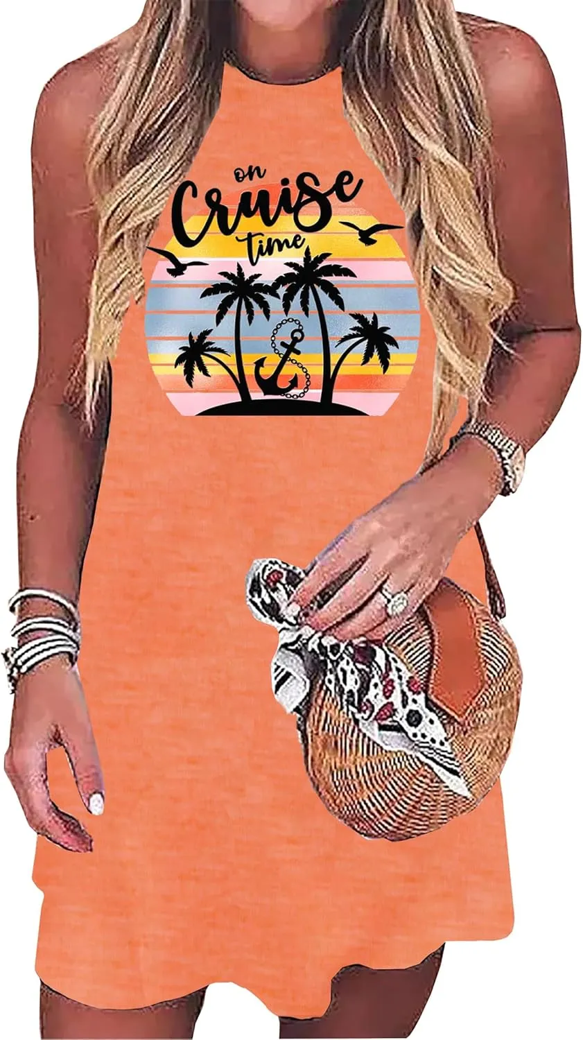Cruise Tank Mini Dress for Women Tops Summer Graphic Sleeveless Dresses Vacation Beach Party Shirts