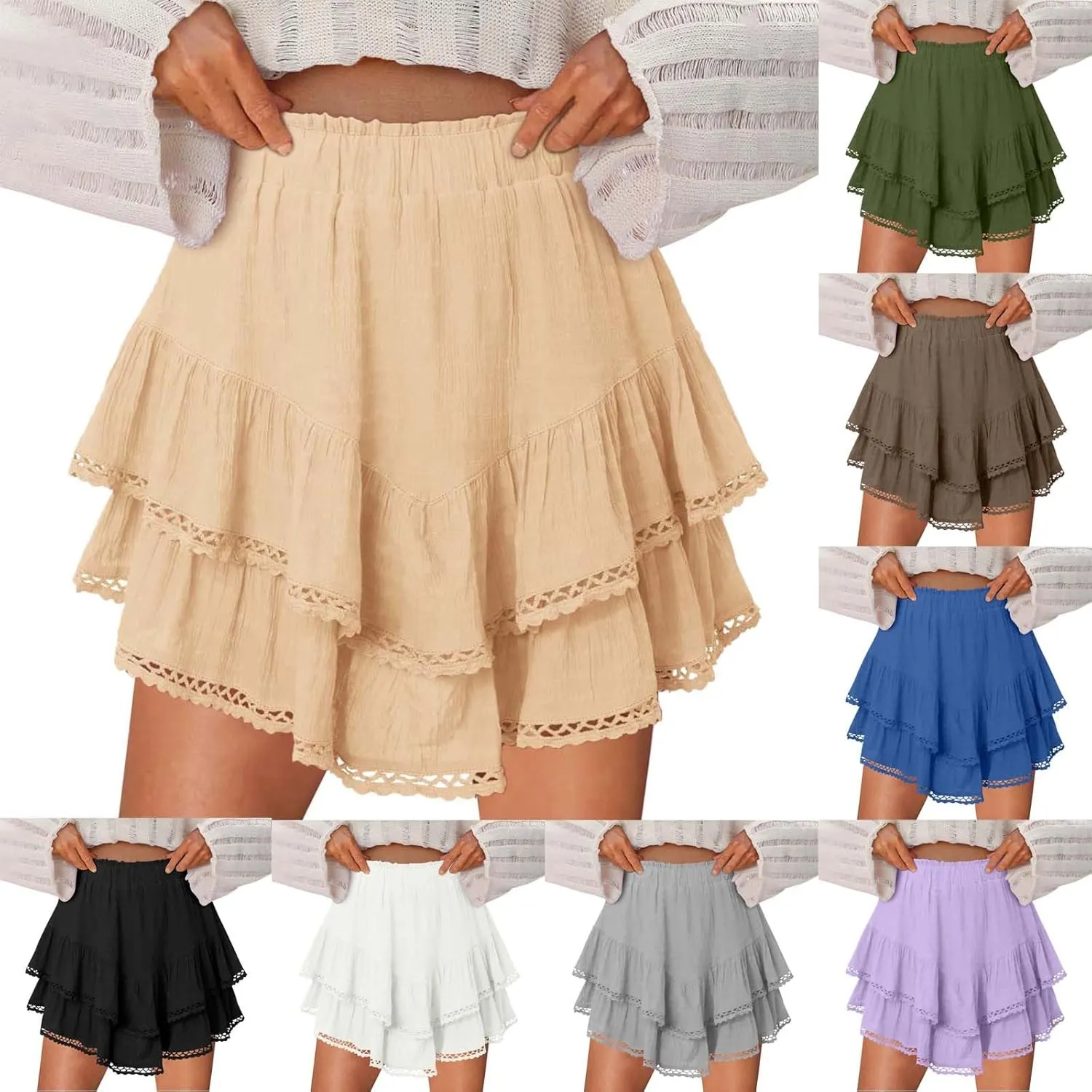 DDAPJ pyju Flowy Shorts for Women Summer Casual Boho Ruffle Tiered Skorts High Waist Mini Skirts Crochet Golf Tennis Skirts