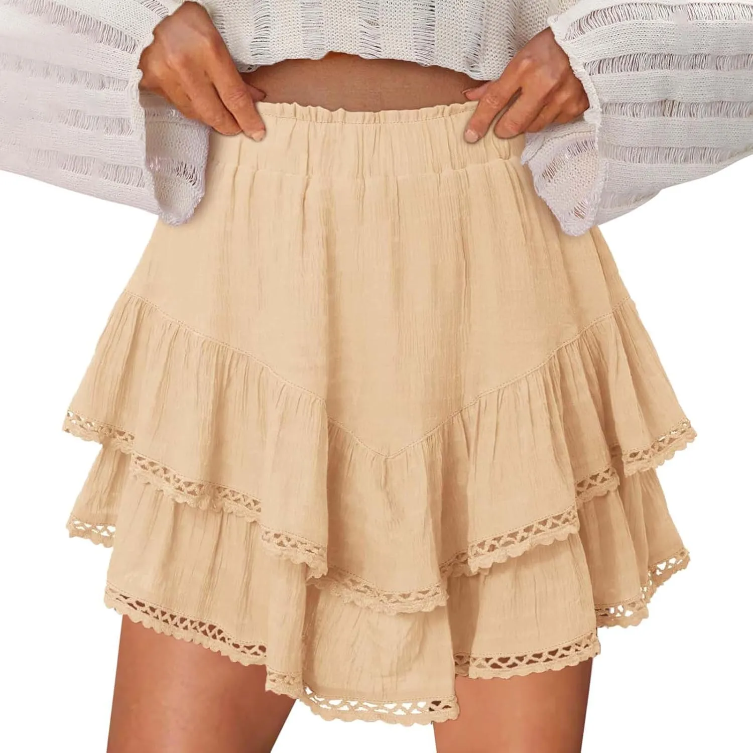 DDAPJ pyju Flowy Shorts for Women Summer Casual Boho Ruffle Tiered Skorts High Waist Mini Skirts Crochet Golf Tennis Skirts