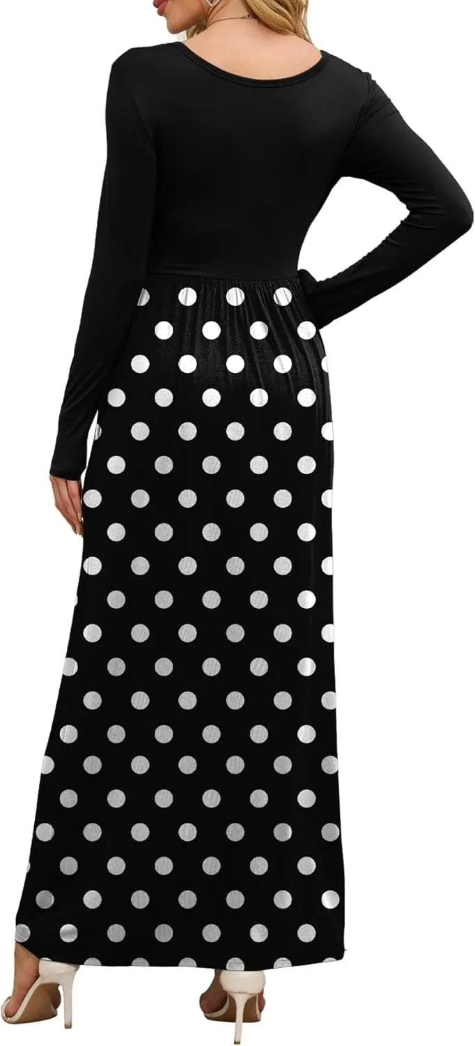 DEARCASE Women's Maxi Dress Long Sleeve Crewneck Loose Plain Casual Empire Waist Fall Party Long Dresses with Pockets