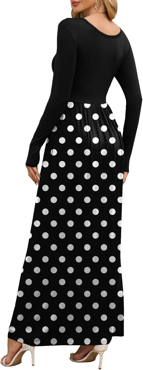 DEARCASE Women's Maxi Dress Long Sleeve Crewneck Loose Plain Casual Empire Waist Fall Party Long Dresses with Pockets