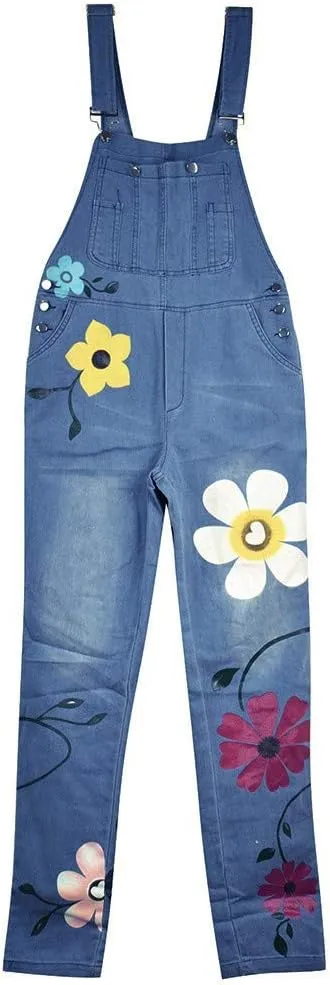 Denim Overalls Jumpsuit Casual Floral Printed Baggy Loose Bib Jeans Pants Rompers with Pockets