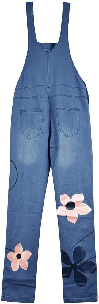 Denim Overalls Jumpsuit Casual Floral Printed Baggy Loose Bib Jeans Pants Rompers with Pockets