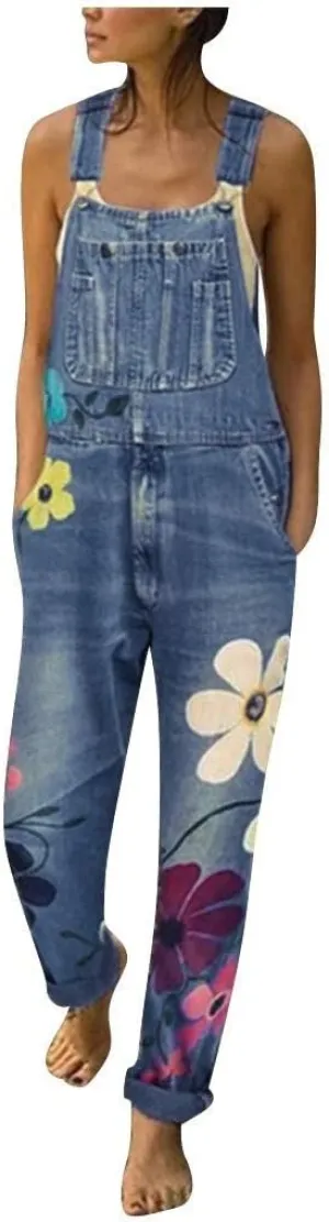 Denim Overalls Jumpsuit Casual Floral Printed Baggy Loose Bib Jeans Pants Rompers with Pockets