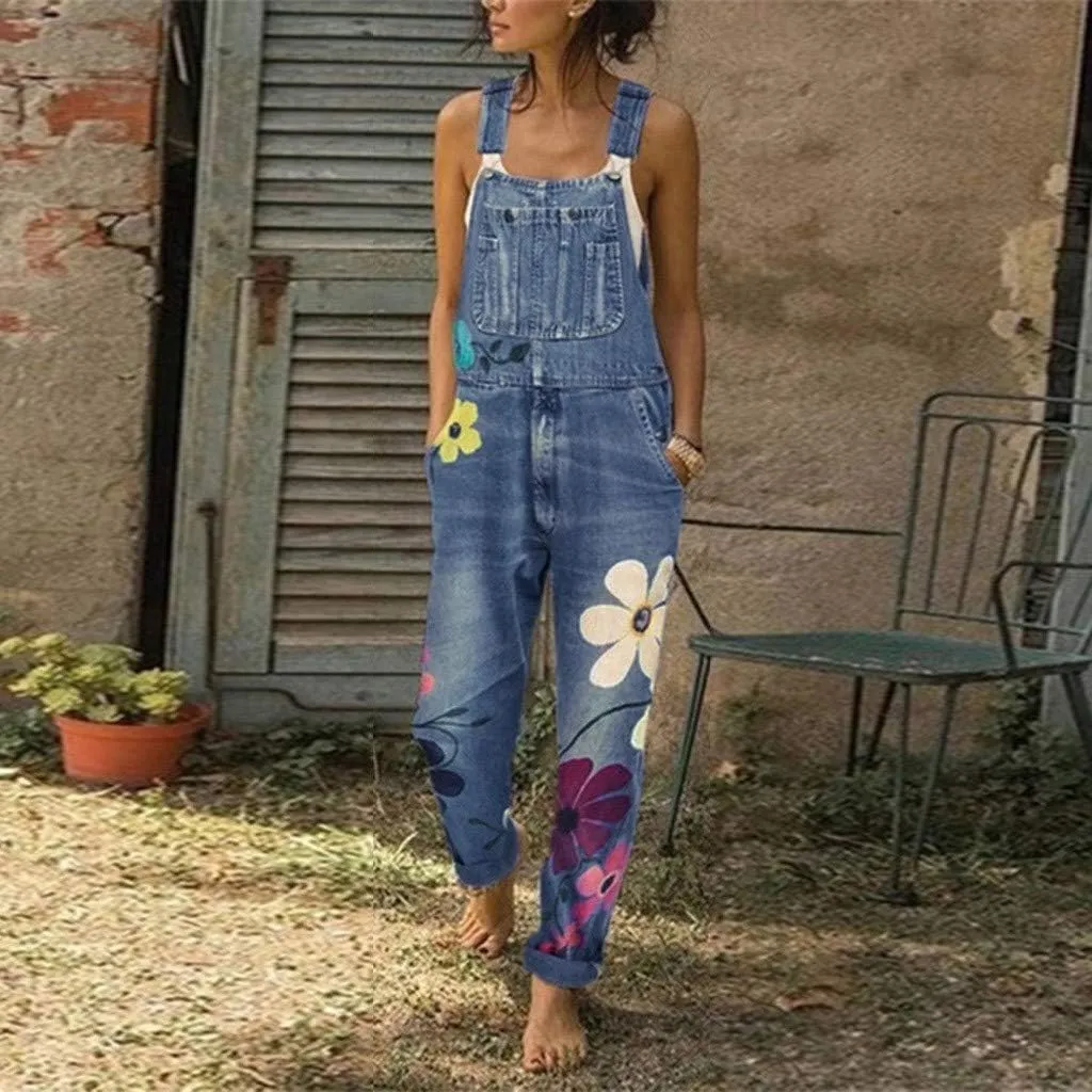 Denim Overalls Jumpsuit Casual Floral Printed Baggy Loose Bib Jeans Pants Rompers with Pockets