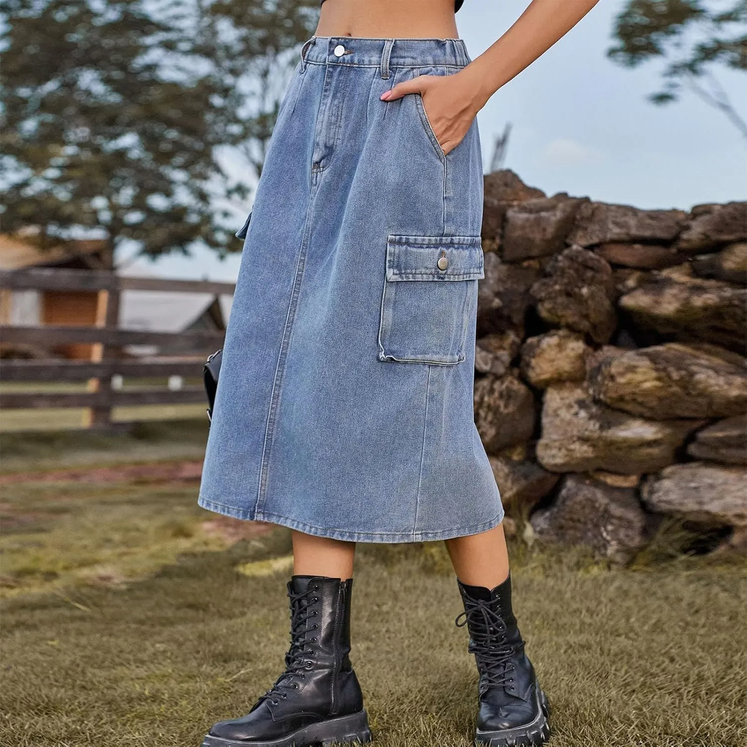 Denim Skirt for Women Below Knee Length High Waisted Jean Skirts Trendy Casual Cute Midi Cargo Skirt Y2K Streetwear