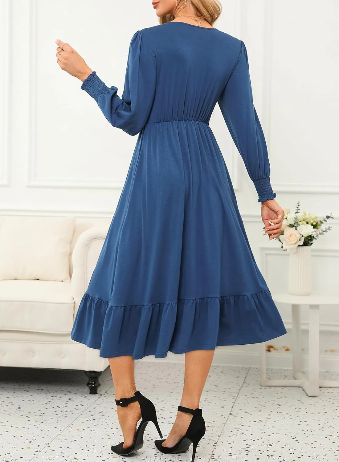 Dokotoo Womens 2024 Wrap V-Neck Twist Knot Long Sleeve Empire Waist Midi Maxi Dress A-Line Ruched Flowy Dress with Pockets