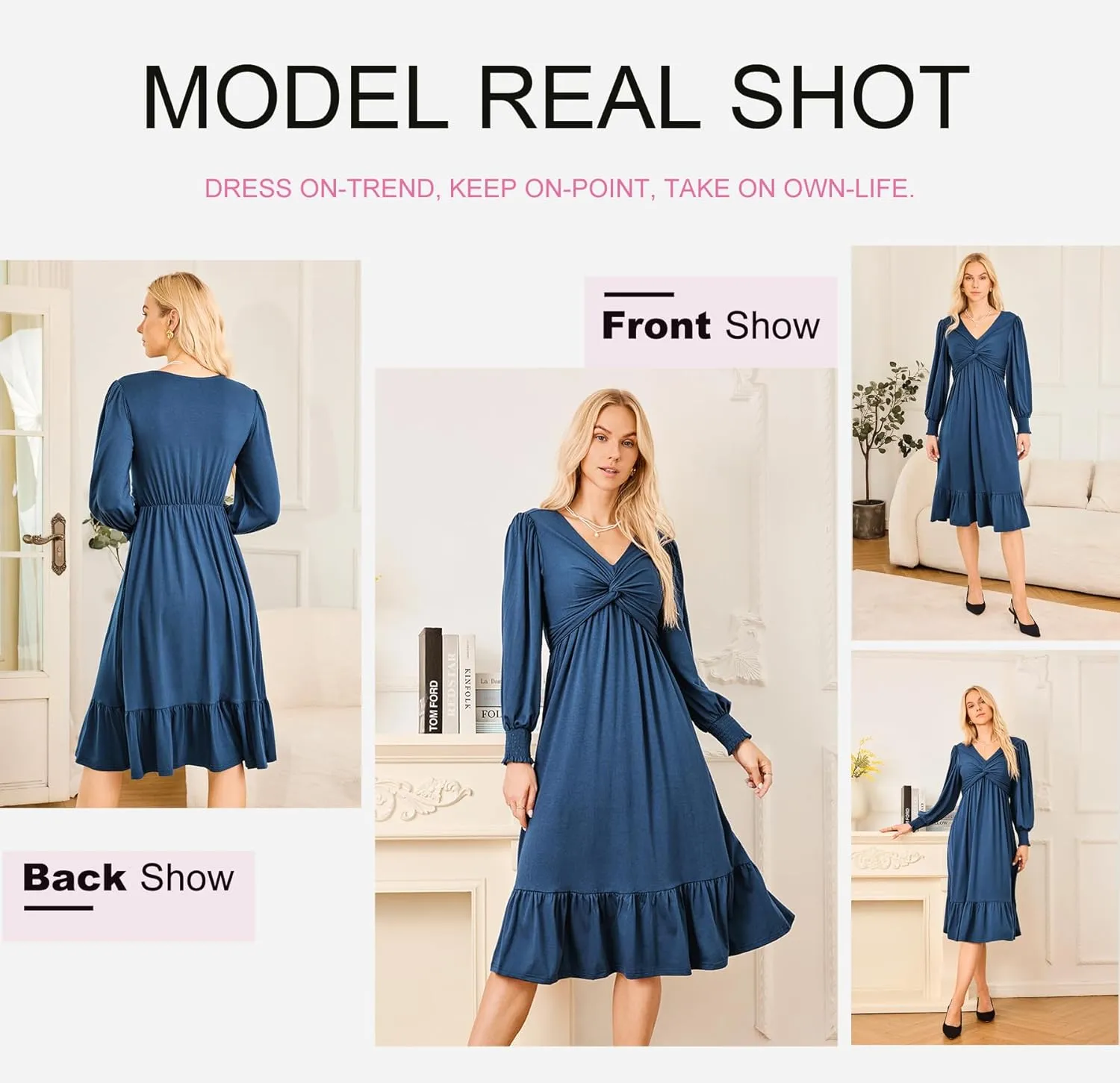 Dokotoo Womens 2024 Wrap V-Neck Twist Knot Long Sleeve Empire Waist Midi Maxi Dress A-Line Ruched Flowy Dress with Pockets