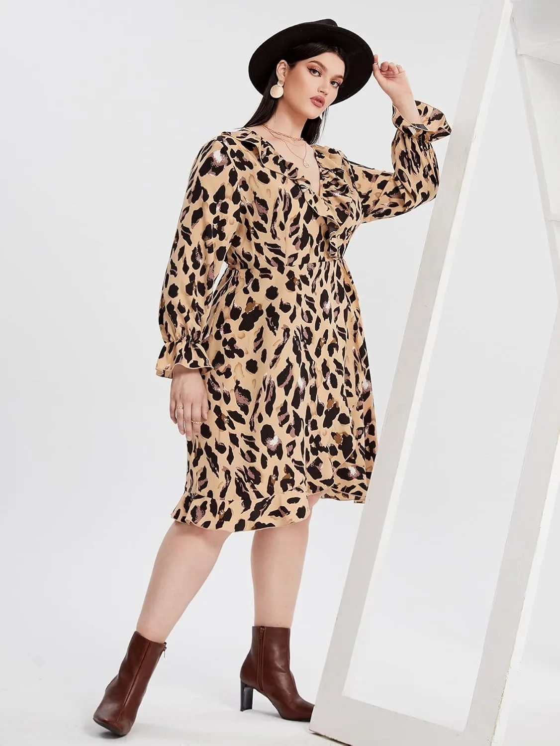 Dress for Women Leopard Print Wrap Plus Size V Neck Long Sleeve Midi Dress, with Ruffle Hem Waist Tie