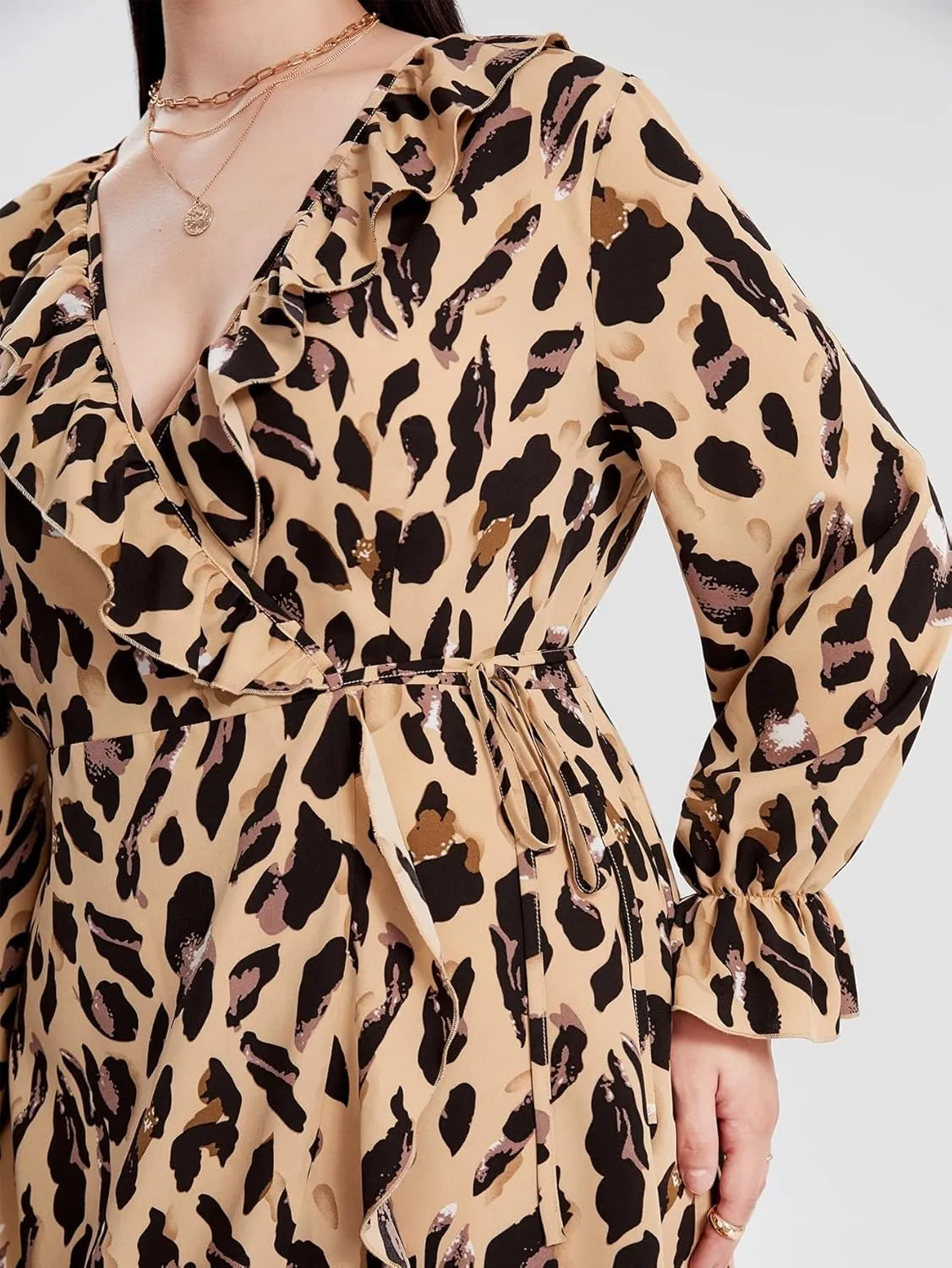 Dress for Women Leopard Print Wrap Plus Size V Neck Long Sleeve Midi Dress, with Ruffle Hem Waist Tie