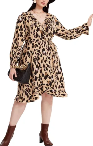 Dress for Women Leopard Print Wrap Plus Size V Neck Long Sleeve Midi Dress, with Ruffle Hem Waist Tie