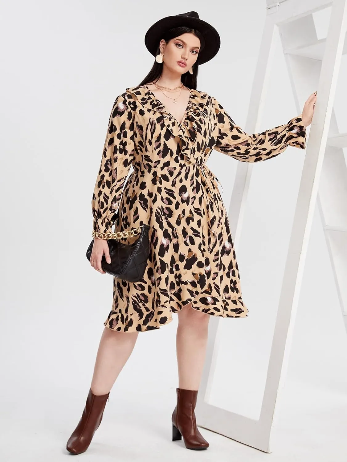 Dress for Women Leopard Print Wrap Plus Size V Neck Long Sleeve Midi Dress, with Ruffle Hem Waist Tie