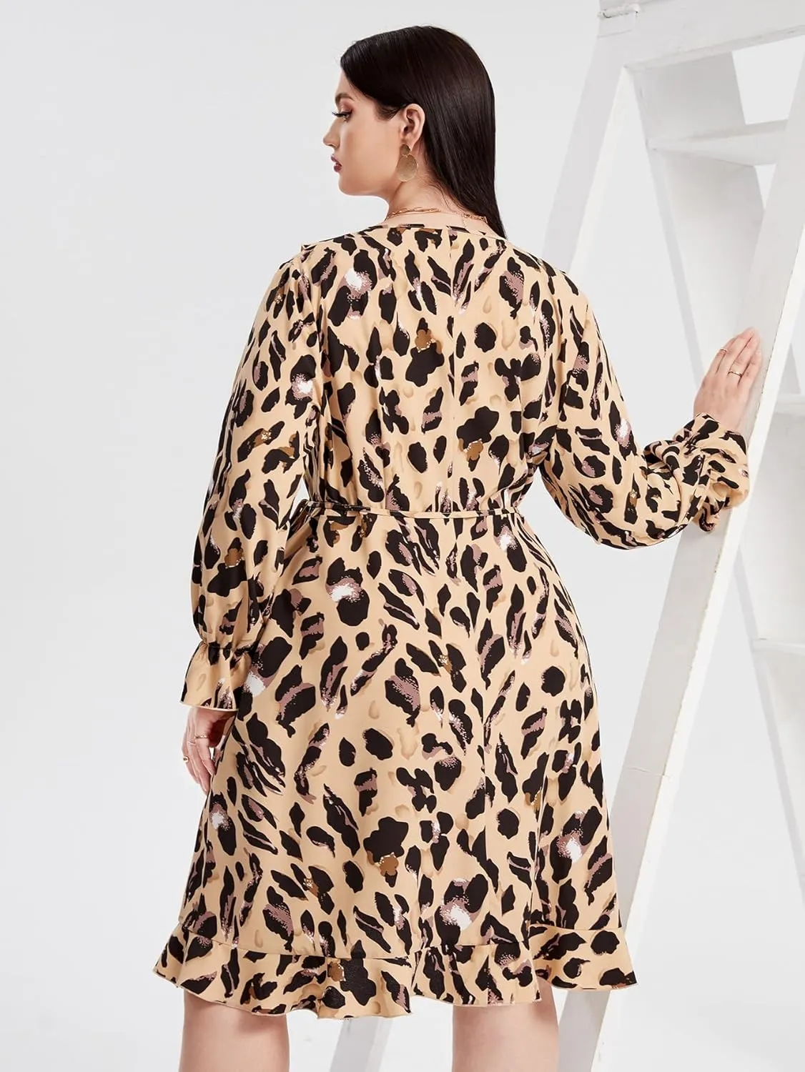 Dress for Women Leopard Print Wrap Plus Size V Neck Long Sleeve Midi Dress, with Ruffle Hem Waist Tie